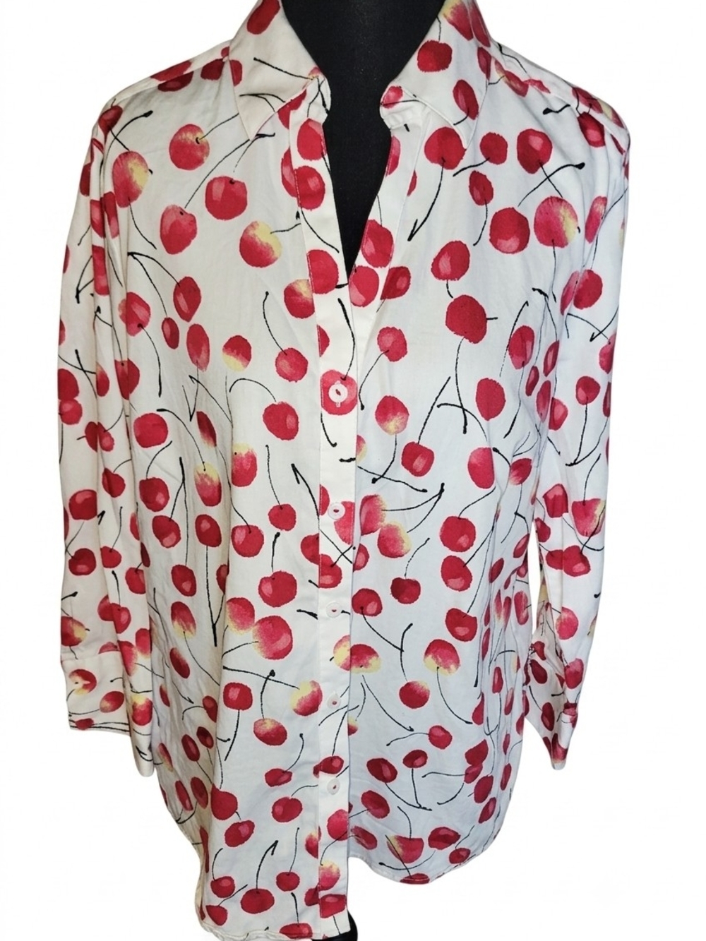 Foxcroft White Button-Down Shirt with Red Cherry Print